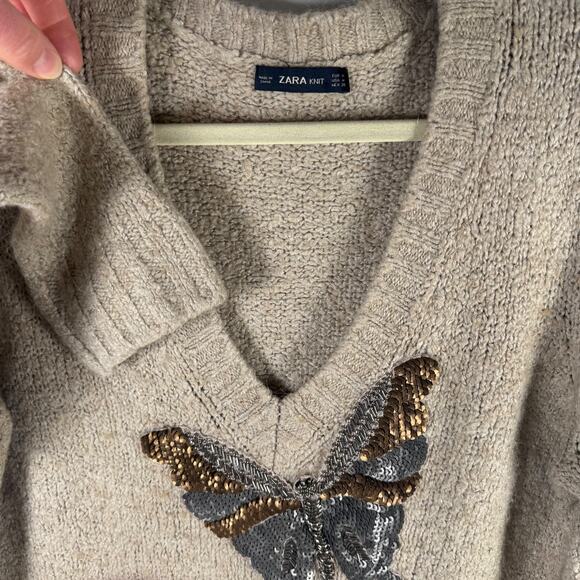 Zara Women's Tan Beige Alpaca Wool Knit Butterfly Sequin Beaded Sweater Top Sz M - Picture 4 of 9